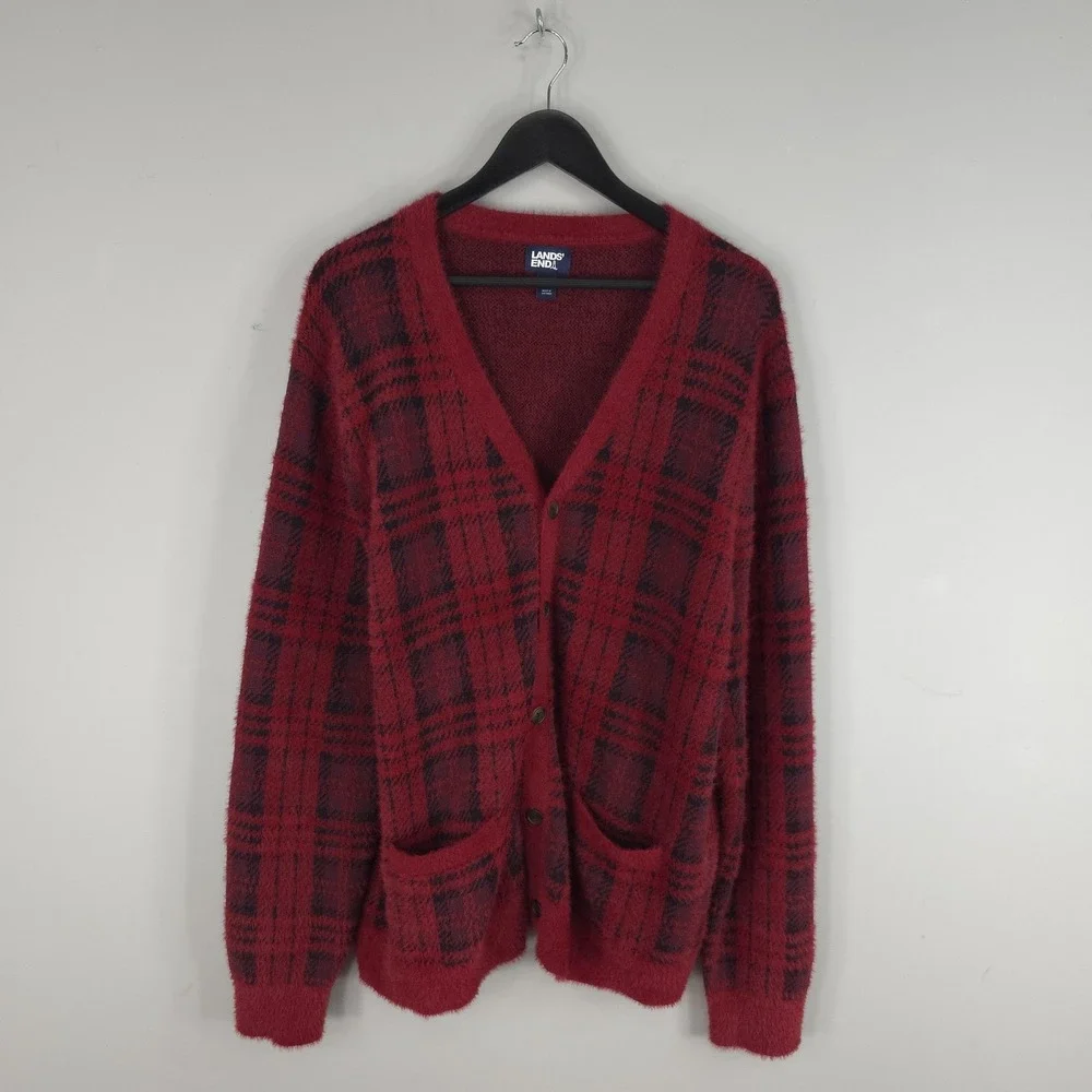 Lands' End Sweater Cardigan Mens Large Red Plaid Fuzzy Shaggy Button Front